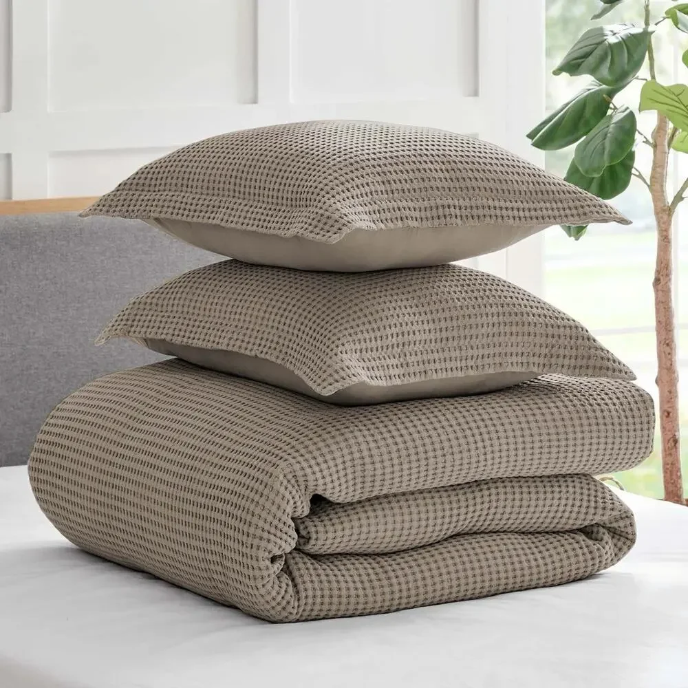 Levtex Full/Queen Duvet Cover Set Waffle Textured Beige Fawn + 2 Shams